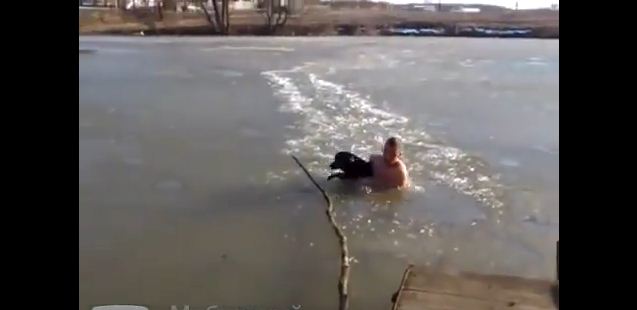 Man Breaks Through Frozen River Ice To Rescue Dog