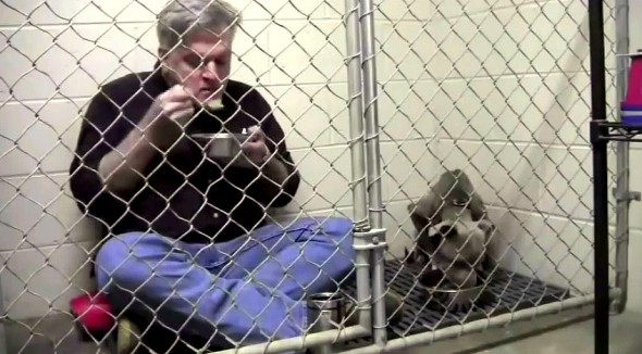 Veterinarian Eats in Kennel to Comfort Scared Shelter Dog