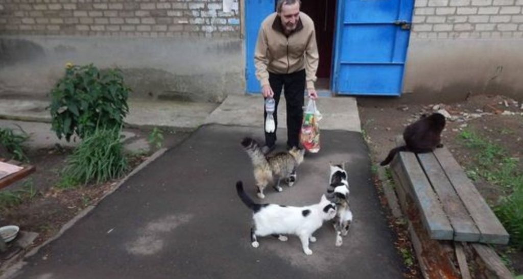 Ukrainian Man Ventures Into War-Torn Streets To Continue Late Wife’s Mission To Feed Homeless Pets